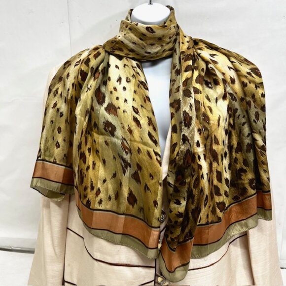 BillBlass 100% silk chiffon, green olive  gold leapard crectangle, size 64x32(48 - Picture 2 of 8